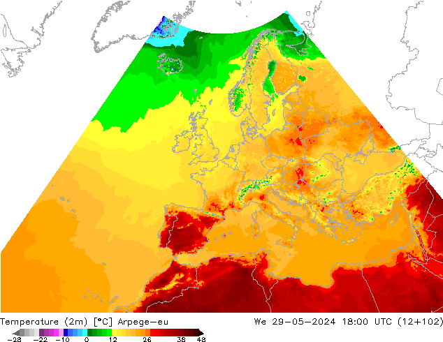 Temperatuurkaart (2m) Arpege-eu wo 29.05.2024 18 UTC