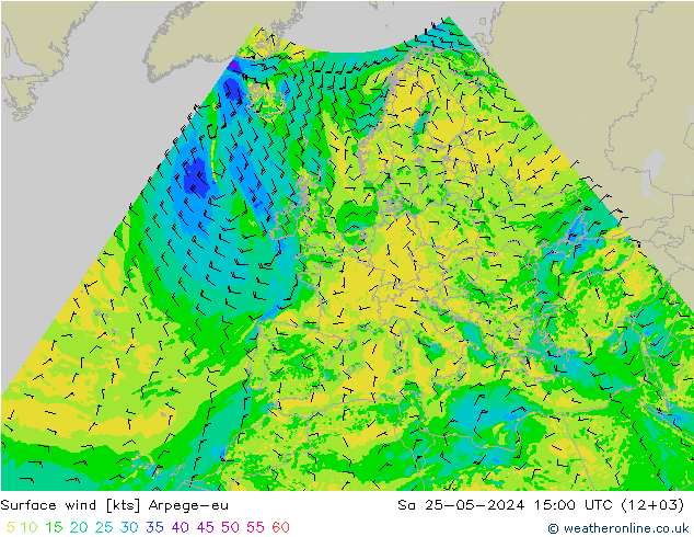 Vento 10 m Arpege-eu Sáb 25.05.2024 15 UTC