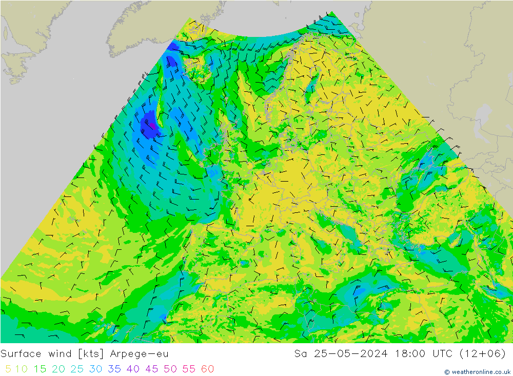 Viento 10 m Arpege-eu sáb 25.05.2024 18 UTC