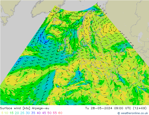 Surface wind Arpege-eu Tu 28.05.2024 09 UTC