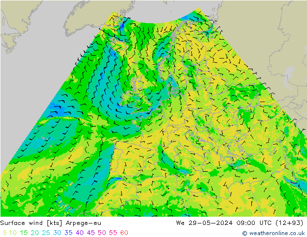 Vento 10 m Arpege-eu mer 29.05.2024 09 UTC