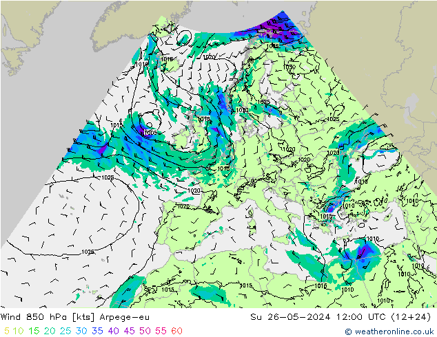 Wind 850 hPa Arpege-eu So 26.05.2024 12 UTC