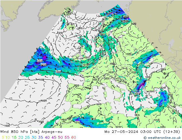 Wind 850 hPa Arpege-eu Po 27.05.2024 03 UTC