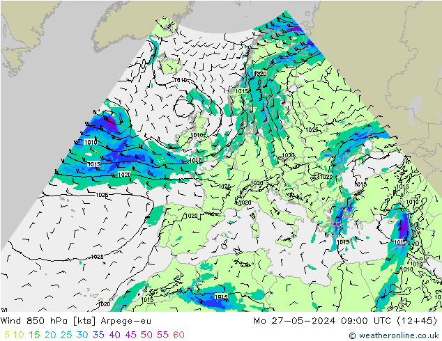 Wind 850 hPa Arpege-eu ma 27.05.2024 09 UTC