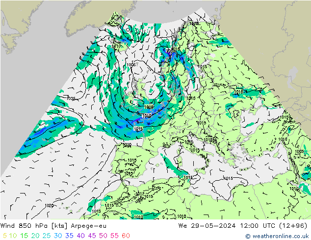 Wind 850 hPa Arpege-eu Mi 29.05.2024 12 UTC