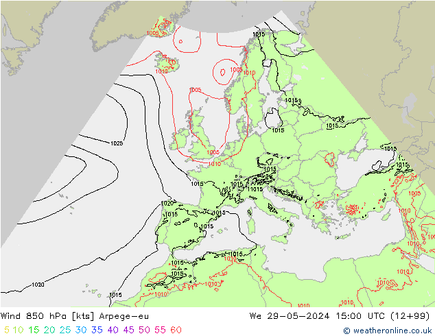 Wind 850 hPa Arpege-eu Mi 29.05.2024 15 UTC