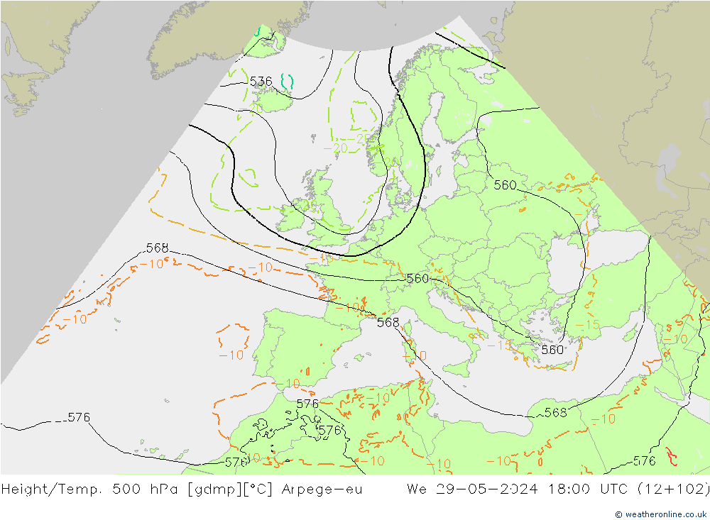 Height/Temp. 500 hPa Arpege-eu Mi 29.05.2024 18 UTC