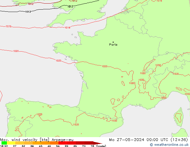 Max. wind velocity Arpege-eu Po 27.05.2024 00 UTC