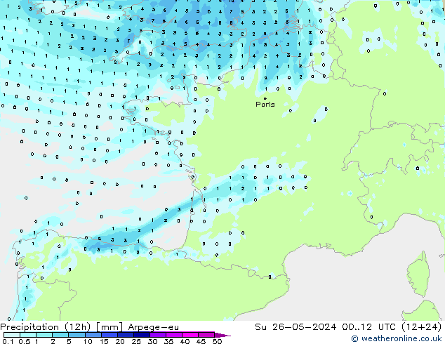 Totale neerslag (12h) Arpege-eu zo 26.05.2024 12 UTC