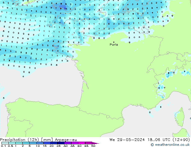 Precipitación (12h) Arpege-eu mié 29.05.2024 06 UTC