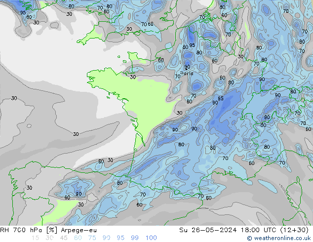 RH 700 hPa Arpege-eu Ne 26.05.2024 18 UTC