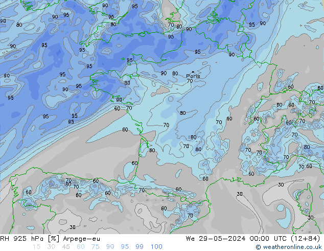 RH 925 hPa Arpege-eu St 29.05.2024 00 UTC