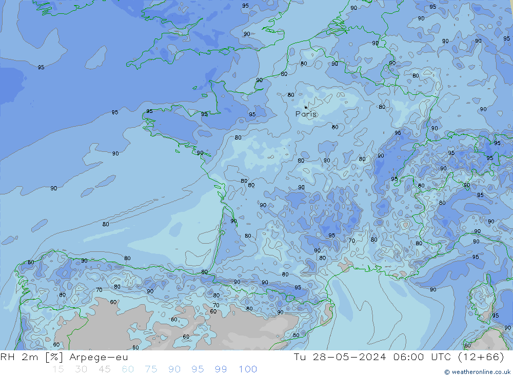 Humidité rel. 2m Arpege-eu mar 28.05.2024 06 UTC