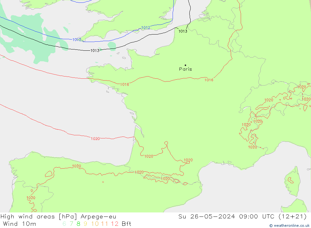 High wind areas Arpege-eu  26.05.2024 09 UTC