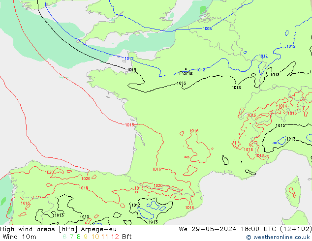 High wind areas Arpege-eu mié 29.05.2024 18 UTC