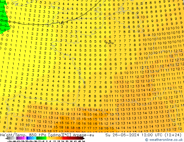 Height/Temp. 850 hPa Arpege-eu nie. 26.05.2024 12 UTC