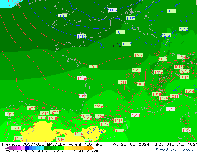 Thck 700-1000 hPa Arpege-eu Qua 29.05.2024 18 UTC