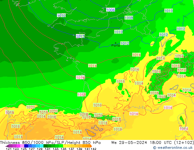 Schichtdicke 850-1000 hPa Arpege-eu Mi 29.05.2024 18 UTC