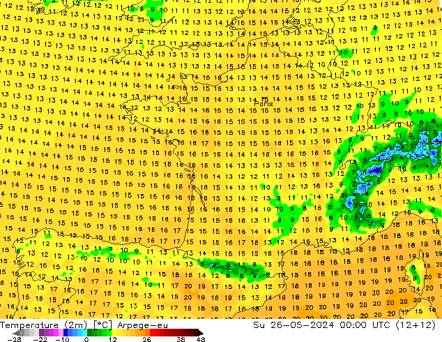 Temperatuurkaart (2m) Arpege-eu zo 26.05.2024 00 UTC