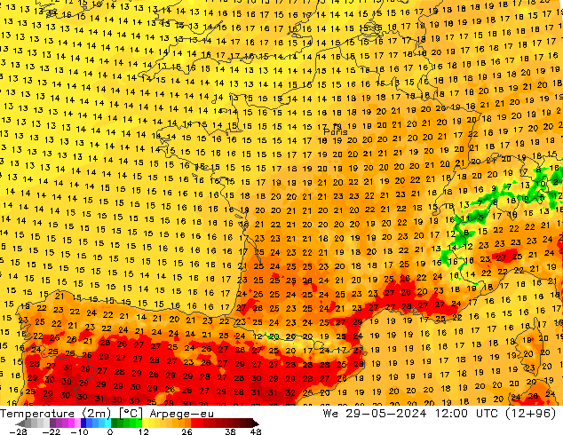 Sıcaklık Haritası (2m) Arpege-eu Çar 29.05.2024 12 UTC