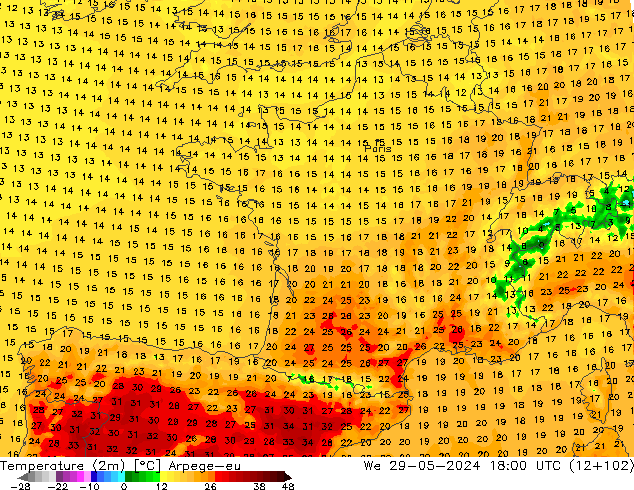 Temperatura (2m) Arpege-eu Qua 29.05.2024 18 UTC