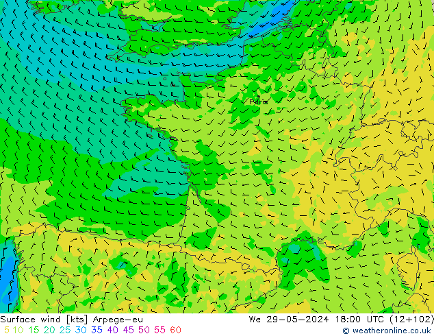 Surface wind Arpege-eu St 29.05.2024 18 UTC