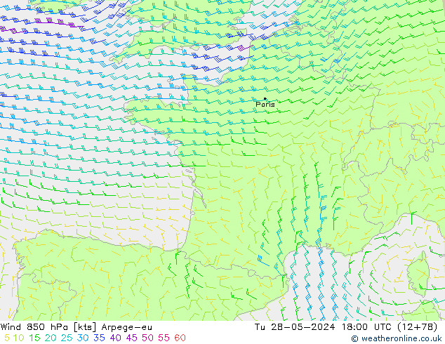 Wind 850 hPa Arpege-eu Út 28.05.2024 18 UTC