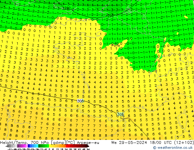 Hoogte/Temp. 700 hPa Arpege-eu wo 29.05.2024 18 UTC