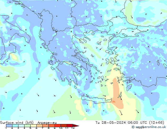 Surface wind (bft) Arpege-eu Tu 28.05.2024 06 UTC