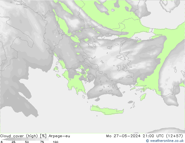 Cloud cover (high) Arpege-eu Mo 27.05.2024 21 UTC