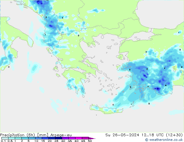 Precipitazione (6h) Arpege-eu dom 26.05.2024 18 UTC