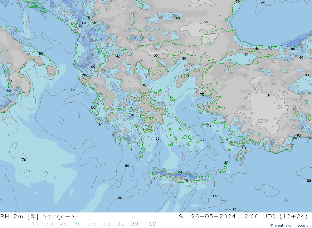 Humedad rel. 2m Arpege-eu dom 26.05.2024 12 UTC