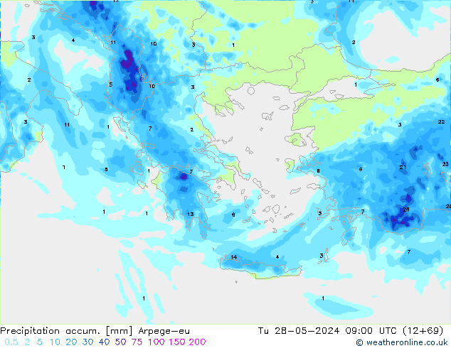 Precipitation accum. Arpege-eu Tu 28.05.2024 09 UTC