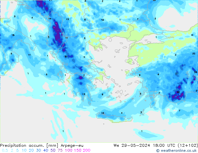 Precipitation accum. Arpege-eu mer 29.05.2024 18 UTC
