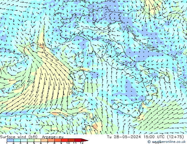 Surface wind (bft) Arpege-eu Tu 28.05.2024 15 UTC