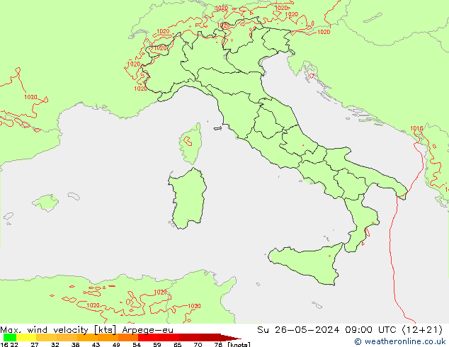 Max. wind velocity Arpege-eu  26.05.2024 09 UTC