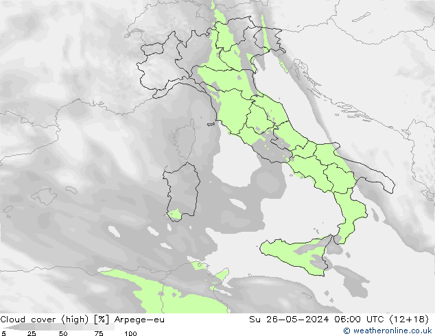 Cloud cover (high) Arpege-eu Su 26.05.2024 06 UTC