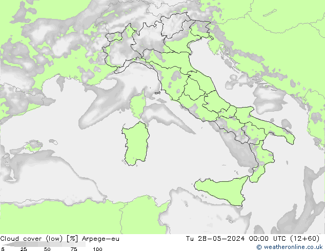 Cloud cover (low) Arpege-eu Tu 28.05.2024 00 UTC