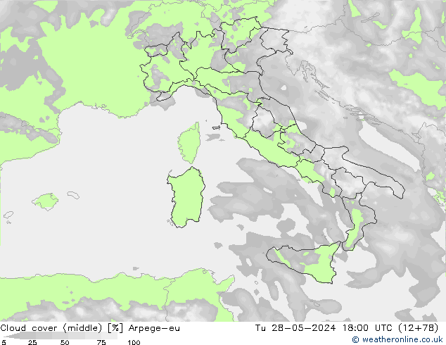 Cloud cover (middle) Arpege-eu Tu 28.05.2024 18 UTC