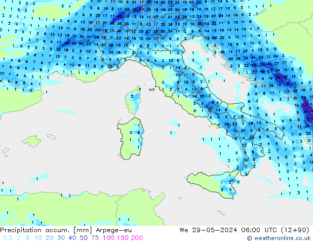 Précipitation accum. Arpege-eu mer 29.05.2024 06 UTC