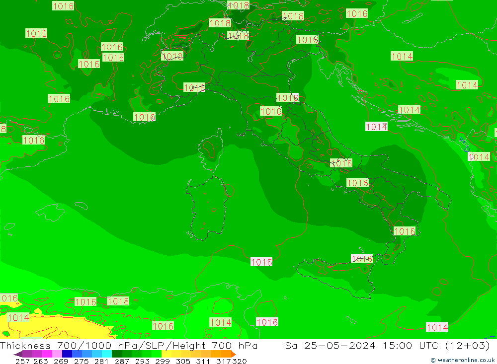 Thck 700-1000 hPa Arpege-eu sab 25.05.2024 15 UTC