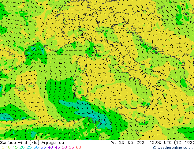 Vent 10 m Arpege-eu mer 29.05.2024 18 UTC