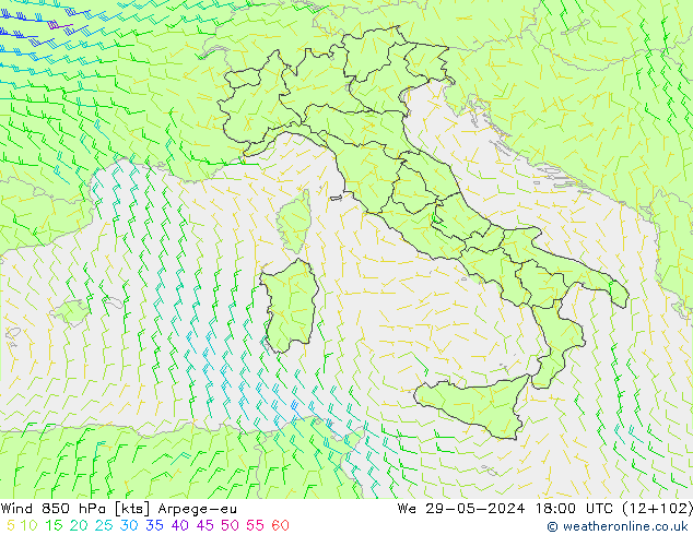 Vent 850 hPa Arpege-eu mer 29.05.2024 18 UTC