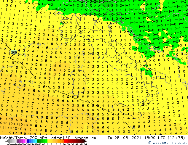 Height/Temp. 700 hPa Arpege-eu Tu 28.05.2024 18 UTC