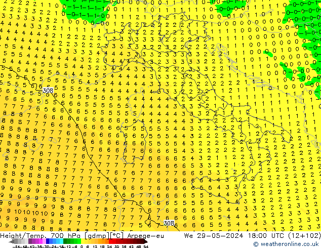 Géop./Temp. 700 hPa Arpege-eu mer 29.05.2024 18 UTC