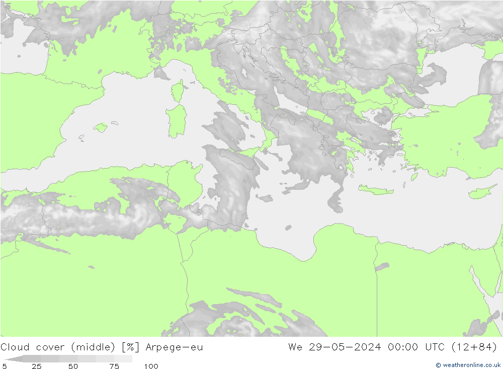 Cloud cover (middle) Arpege-eu We 29.05.2024 00 UTC