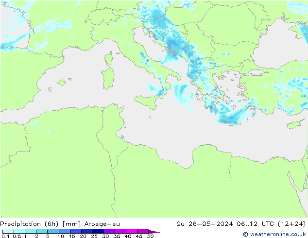 Totale neerslag (6h) Arpege-eu zo 26.05.2024 12 UTC