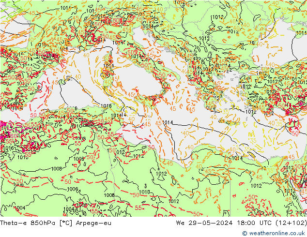 Theta-e 850hPa Arpege-eu  29.05.2024 18 UTC