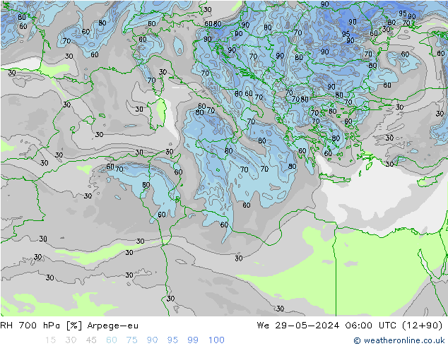 Humedad rel. 700hPa Arpege-eu mié 29.05.2024 06 UTC