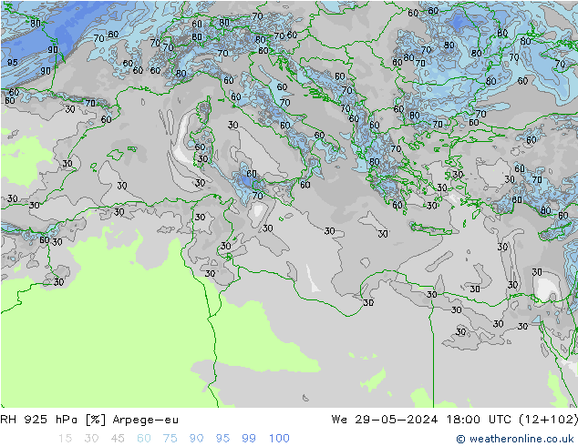 RH 925 hPa Arpege-eu Qua 29.05.2024 18 UTC